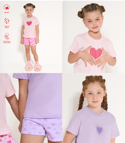 VER. PIJAMA NENA REMERA Y SHORT ESTAMPADO CON BRILLOS "CORAZON"
