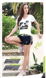 [SHE7041] VER. SHORT DAMA LYCRA CON CINTURA Y BORDES ESTAMPA TROPICAL